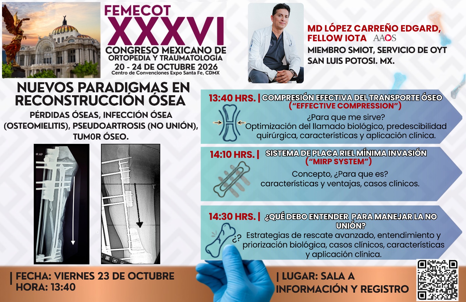 Invitación a conferencia del Dr. Edgard López Carreño sobre reconstrucción ósea en FEMECOT XXXVI